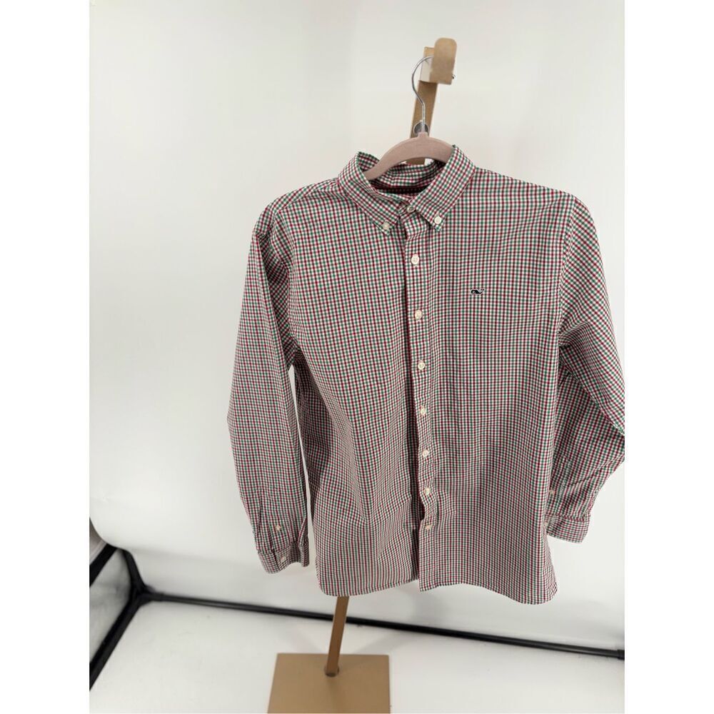 Vineyard Vines Boys Whale Shirt Cotton Red Green White Plaid Long Sleeve Size XL